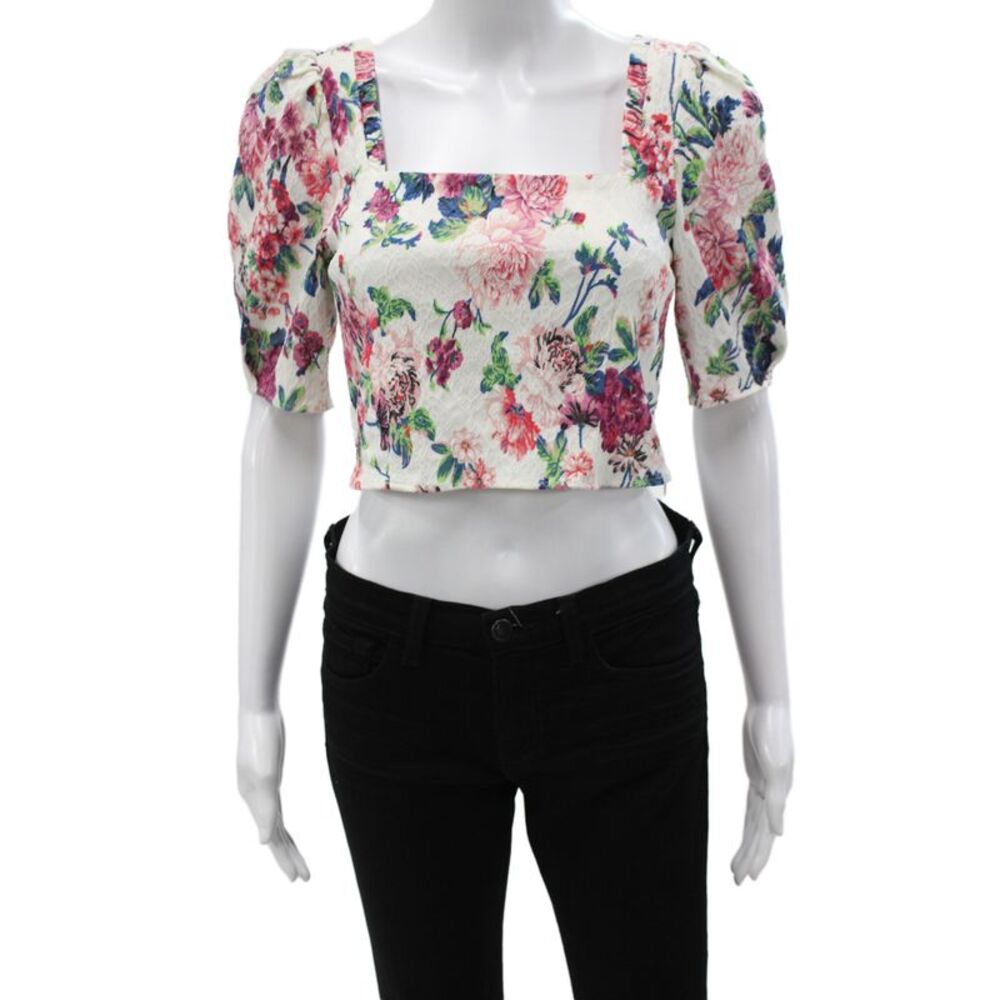 Zara Women Cropped Floral Square Neck Zip Blouse Multicolor 3/4 Sleeve Size M